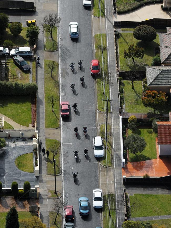 Bikies escorted the funeral procession to Fawkner Cemetery. Picture: 7 News