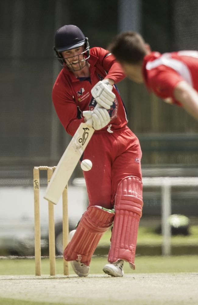 Melbourne batsman Blake Thomson hits through mid-wicket. Picture: Valeriu Campan