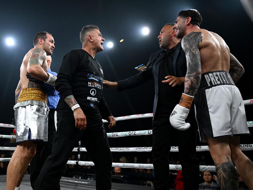 Tommy Mercuri confronted Michael Zerafa post fight. Pictures: No Limit Boxing/Gregg Porteous