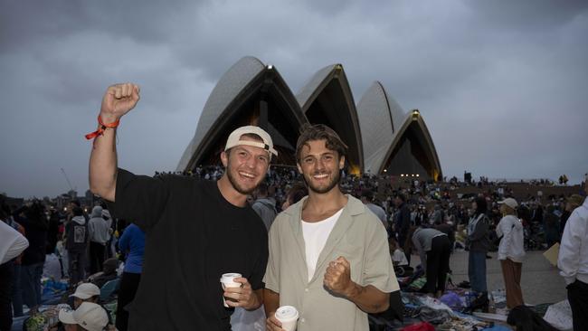 Ben Scammell and Lewis Burn were fuelling on caffeine to make it to midnight. Picture: NCA NewsWire / Monique Harmer