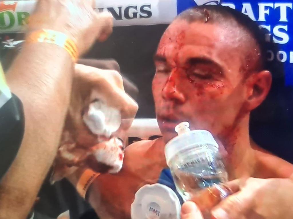 A stray elbow left Tim Tszyu with a deep cut on his head. Picture: Main Event