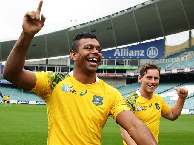 Good mates and long-time teammates Kurtley Beale and Bernard Foley. Picture: Brett Costello