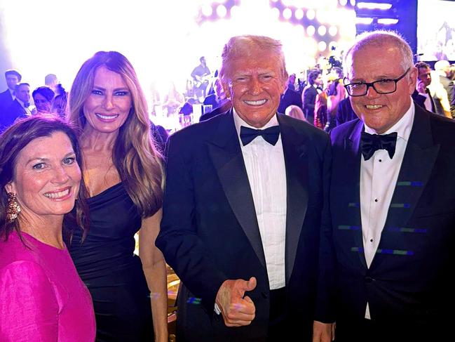 Former prime minister Scott Morrison and his wife Jenny posing with US president-elect Donald Trump and his wife Melania at the New Year's Eve party at Mar-a-Lago. Picture: Scott Morrison