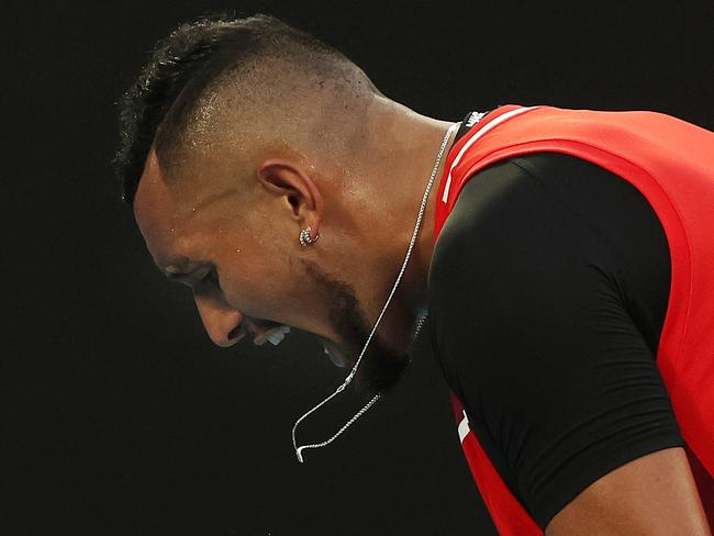 MELBOURNE.  20/01/2022. Australian Open Tennis.  Day 4.   Nick Kyrgios vs Daniil Medvedev on Rod Laver Arena.   Nick Kyrgios screams in frustration during his 2nd round match against Daniil Medvedev    ...  Photo by Michael Klein.