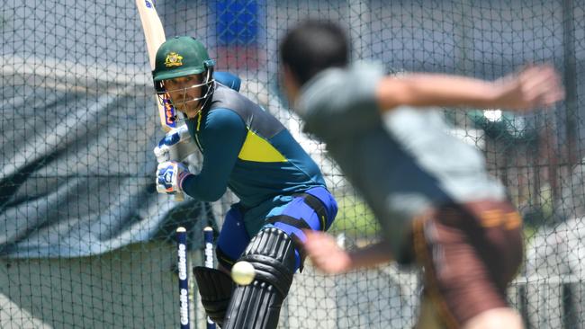 Australai’s T20 captain Aaron Finch in the nets at the Gabba on Tuesday. Picture: AAP