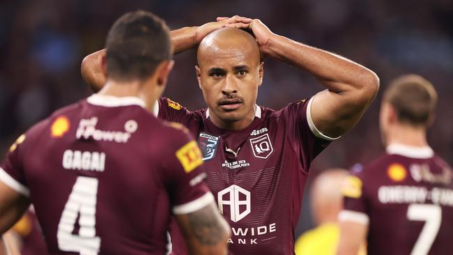 PERTH, AUSTRALIA - JUNE 26:  Felise Kaufusi of the Maroons looks dejected after being sent to the sin bin during game two of the State of Origin series between New South Wales Blues and Queensland Maroons at Optus Stadium, on June 26, 2022, in Perth, Australia. (Photo by Mark Kolbe/Getty Images)