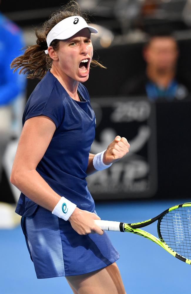 Great Britain’s Johanna Konta celebrates beating American Madison Keys. Picture: AAP