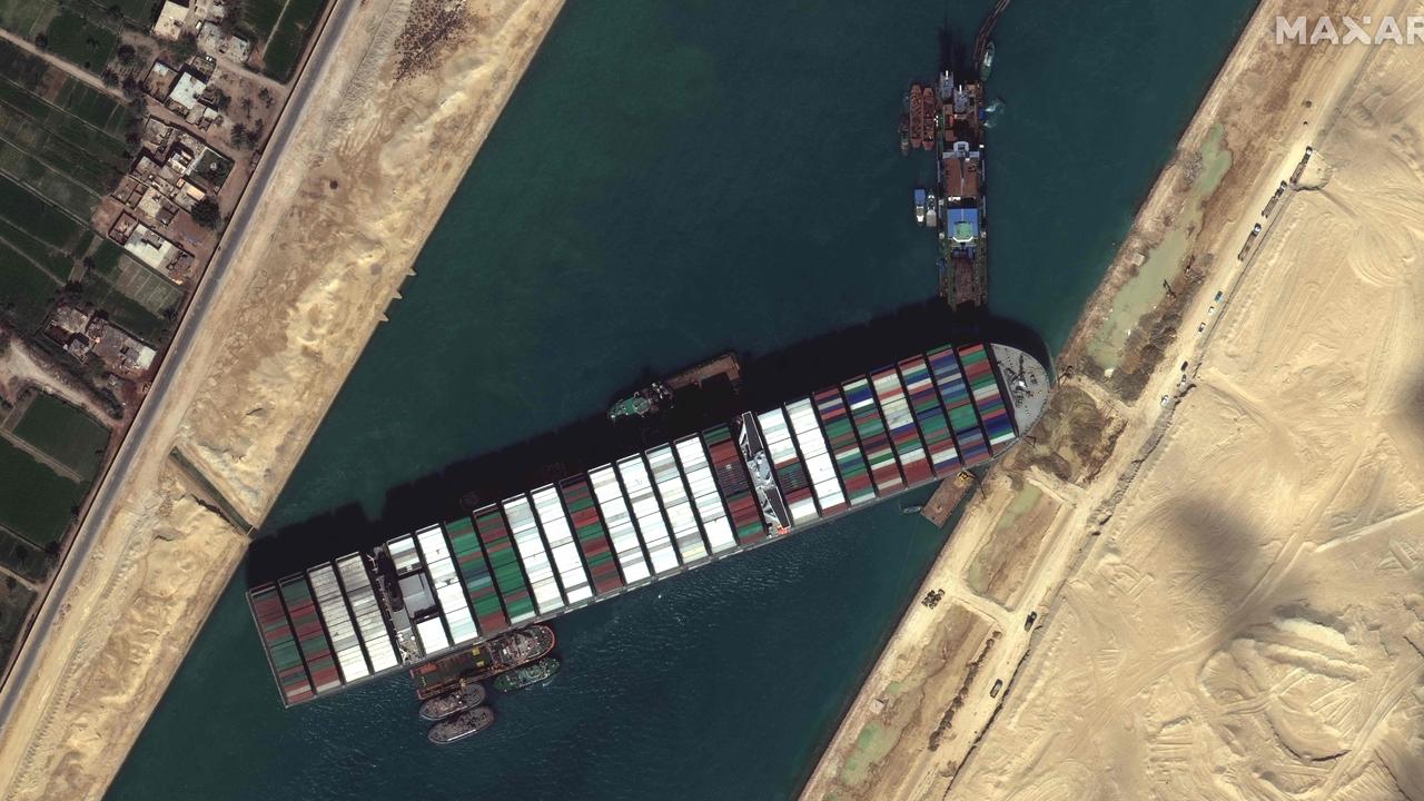 The Ever Given ran aground in the Suez Canal. Picture: Maxar/AFP