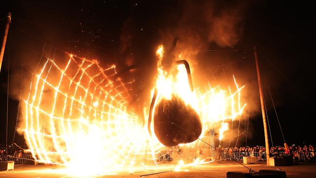 The spider-shaped Ogoh-Ogoh engulfed in flamed during The Burning at Dark Park. Picture: LUKE BOWDEN