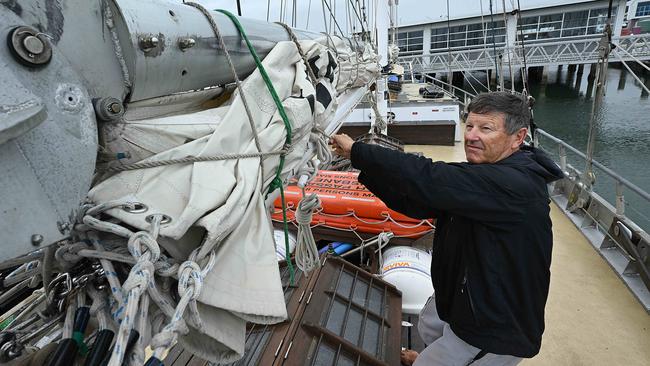 Captain Gary Donnellan ensures the schooner ‘South Passage’ is secured ahead at Manly, Brisbane. Picture: Lyndon Mechielsen/Courier Mail