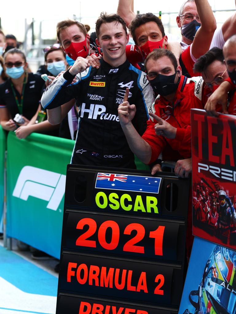 Oscar Piastri celebrates his Formula 2 win. (Photo by Mark Thompson/Getty Images)