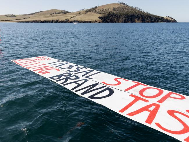 Triabunna Tassal Flotila Protest, Floating Sign Okehampton Bay. Picture: Rebecca Ramage