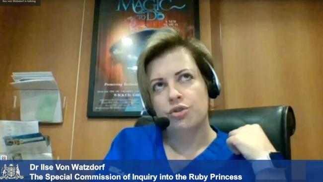 Ship Doctor Ilse Von Watzdorf gives evidence via video call to the Special Commission of Inquiry into the Ruby Princess.