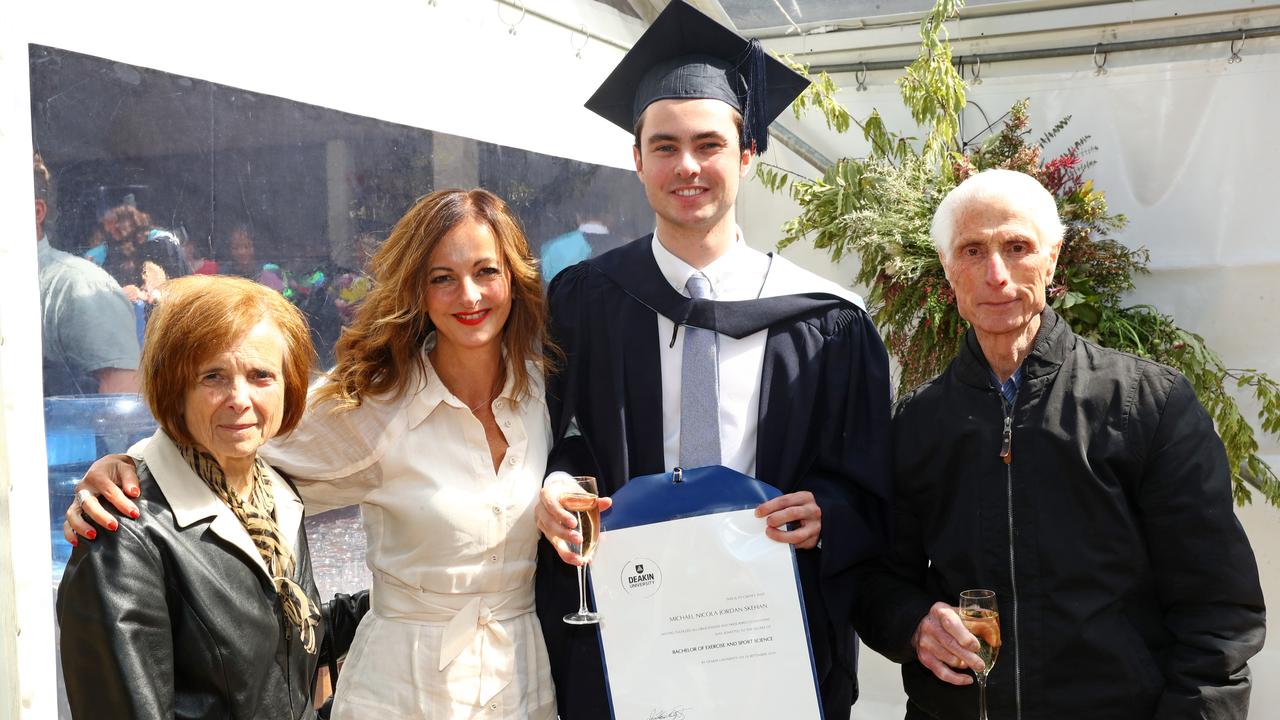 Deakin University graduate Michael Skehan, grandmother Angela, mum Enza and grandfather Peter. Picture: Alison Wynd