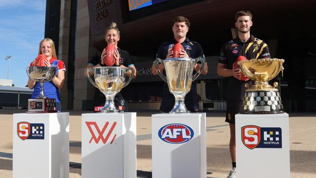 At the launch of the 2024 Gather Round Community Footy Road show were Central District premiership player Jasmine Evans, Port Adelaide AFLW vice-captain Janelle Cuthbertson, Adelaide Crows player Harry Schoenberg and Glenelg dual premiership player Jonty Scharenberg. Picture: David Mariuz/SANFL