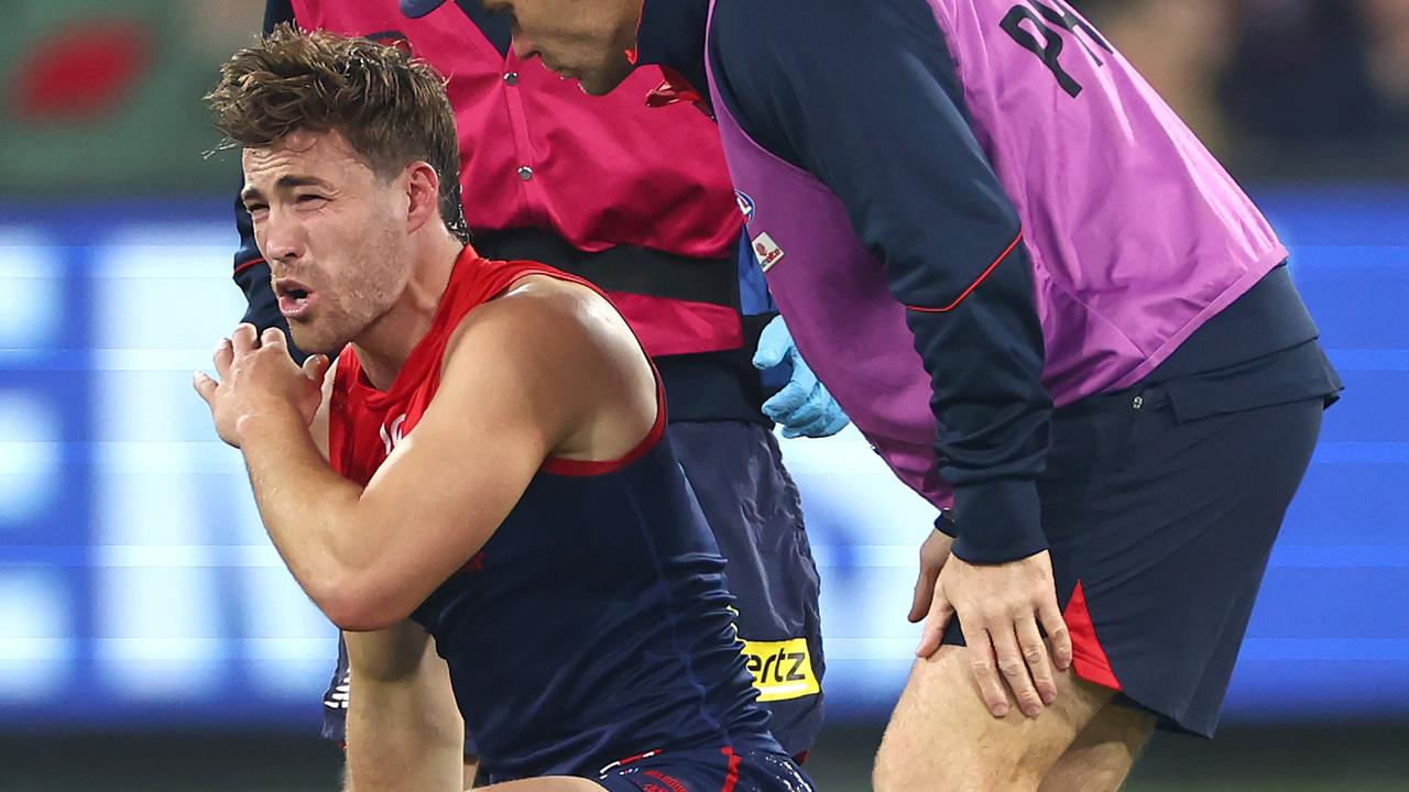 Jack Viney overcame a painful knock to his shoulder early in the game to be an important contributor to Melbourne’s win on Saturday night. Picture: Quinn Rooney / Getty Images