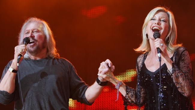 The closing performers at the Sydney Sound Relief — Barry Gibb and Olivia Newton-John. Picture: supplied 