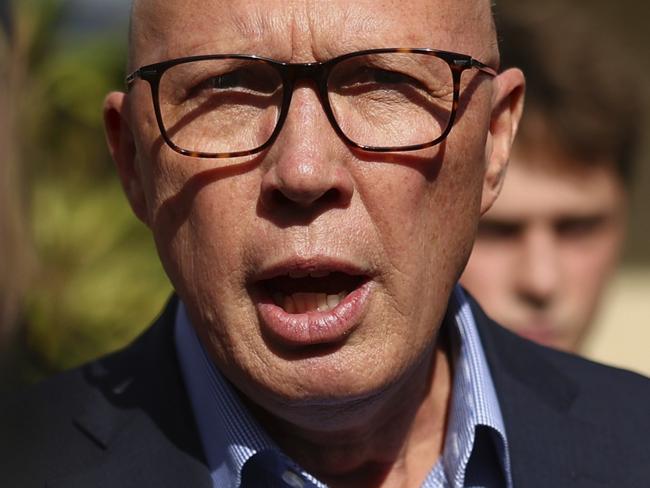 Australian Liberal Party leader Peter Dutton talks to the media after voting in his electorate in Brisbane, Australia, Saturday, May 3, 2025. (AP Photo/Pat Hoelscher)