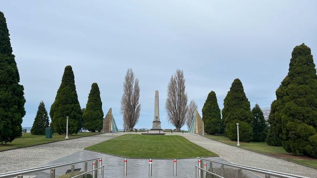 Renders showing the impact of the proposed Macquarie Point stadium from the Hobart Cenotaph released by the Macquarie Point Development Corporation.