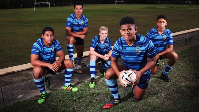 Larry Muagututia (left) played schoolboy footy for Patrician Brothers alongside Hayden Reti-McClintock, Freeman Forsythe, Jaxon McGrath and Tyler Manu'a. Picture: Phil Hillyard