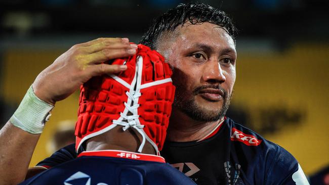 Rebels' captain Rob Leota reacts following their team's loss in the Super Rugby Pacific quarter-final match between the Wellington Hurricanes and Melbourne Rebels at Sky Stadium in Wellington on June 8, 2024. (Photo by Grant Down / AFP)