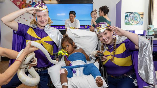 Captain Frost, Jomias Gundari and Captain Enchanted celebrate Starlight Day at the Royal Darwin Hospital. Picture: Pema Tamang Pakhrin