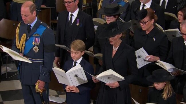 Prince William, Prince George, 9, the Princess of Wales and Princess Charlotte, 7, at the funeral of Queen Elizabeth II.