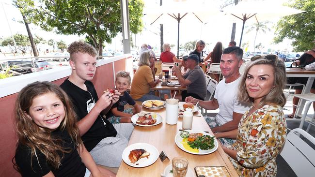 Broadbeach’s Rick and Katie Dalton with kids Theo, Ruby and Louis Vanilla enjoying a day in Coolangatta and a bite to eat at Lily Espresso on Marine Parade, Coolangatta. Photograph: Jason O'Brien