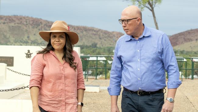 Opposition Leader Peter Dutton with Senator Jacinta Price on ANZAC Hill in Alice Springs. Picture: Liam Mendes