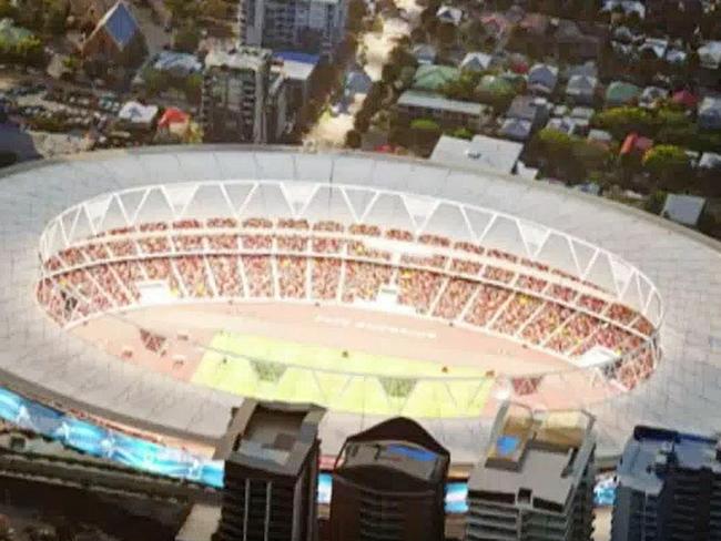 Screen grabs from a digital depiction of how the Gabba will be transformed for the 2032 Olympics in Brisbane.