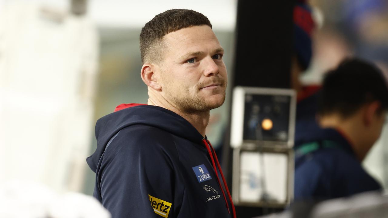 MELBOURNE, AUSTRALIA - MAY 28: Steven May of the Demons is seen on the interchange bench during the round 11 AFL match between the the Melbourne Demons and the Fremantle Dockers at Melbourne Cricket Ground on May 28, 2022 in Melbourne, Australia. (Photo by Darrian Traynor/Getty Images)