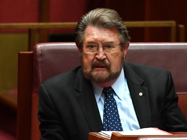 Justice Party Senator Derryn Hinch during Question Time in the Senate chamber at Parliament House in Canberra, Tuesday, March 27, 2018. (AAP Image/Mick Tsikas) NO ARCHIVING