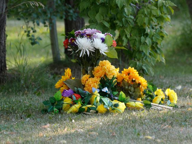 Flowers sit outside the house where one of the stabbing victims was found in Weldon, Saskatchewan. Picture: AFP