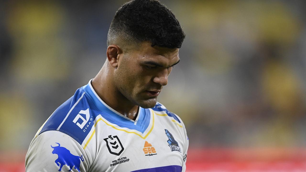 TOWNSVILLE, AUSTRALIA - APRIL 23: David Fifita of the Titans looks dejected after losing the round seven NRL match between the North Queensland Cowboys and the Gold Coast Titans at Qld Country Bank Stadium, on April 23, 2022, in Townsville, Australia. (Photo by Ian Hitchcock/Getty Images)