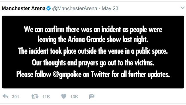 Manchester Arena tweet quickly clarified the bombing was “outside the venue”.
