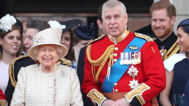 Princess Beatrice, Princess Anne, Queen Elizabeth II, Prince Andrew, Duke of York, Prince Harry, Duke of Sussex and Meghan, Duchess of Sussex.