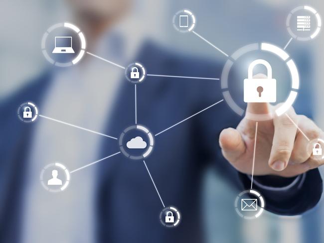 Cybersecurity of network of connected devices and personal data security, concept on virtual interface with consultant in background.