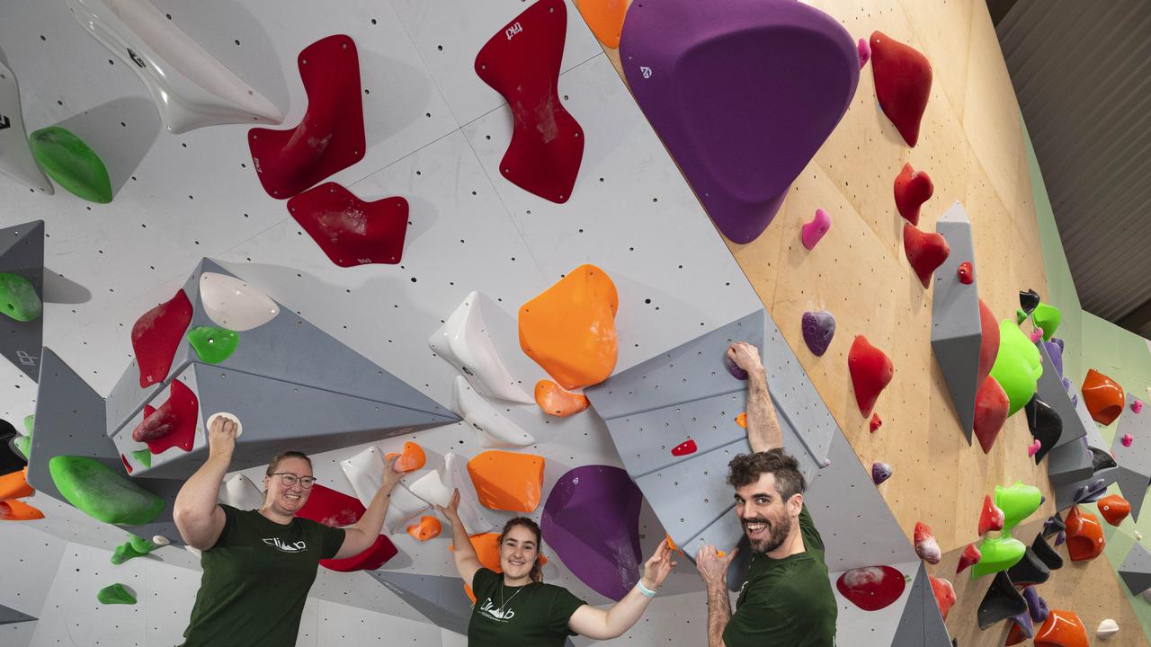 Climb Toowoomba owner Beth Cowling (left) with manager Sophie Mengel and head setter/coach Nick Marrington at the newly opened indoor bouldering gym, Monday, October 14, 2024. Picture: Kevin Farmer