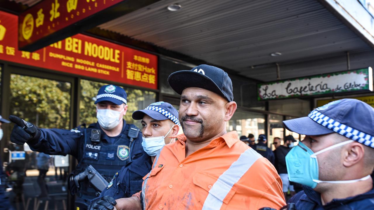 Police with protesters near Victoria Park. Picture: NCA NewsWire / Flavio Brancaleone