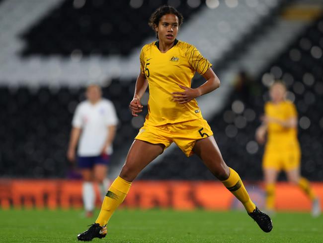 LONDON, ENGLAND - OCTOBER 09: Mary Fowler of Australia during the International Friendly between England Women and Australia Women at Craven Cottage on October 9, 2018 in London, England. (Photo by Catherine Ivill/Getty Images)