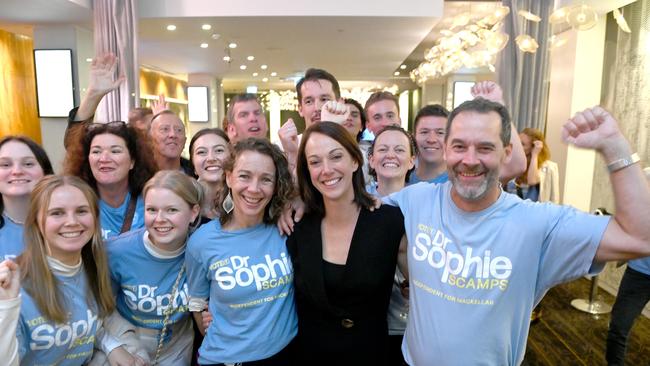 Dr Sophie Scamps celebrating her win in Mackellar at the Dee Why RSL on May 21. Picture: Jeremy Piper