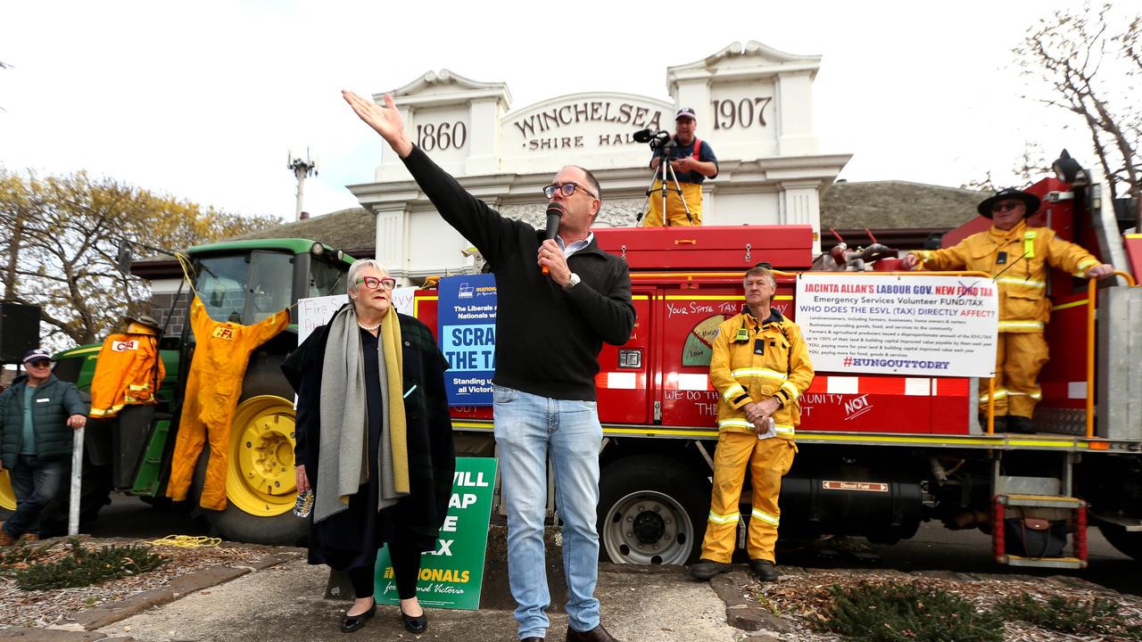 Liberal MP's Beverley McArthur and Richard Riordan and rally organiser and MC Rod Taylor from the Winchelsea CFA Brigade. Picture: Mike Dugdale