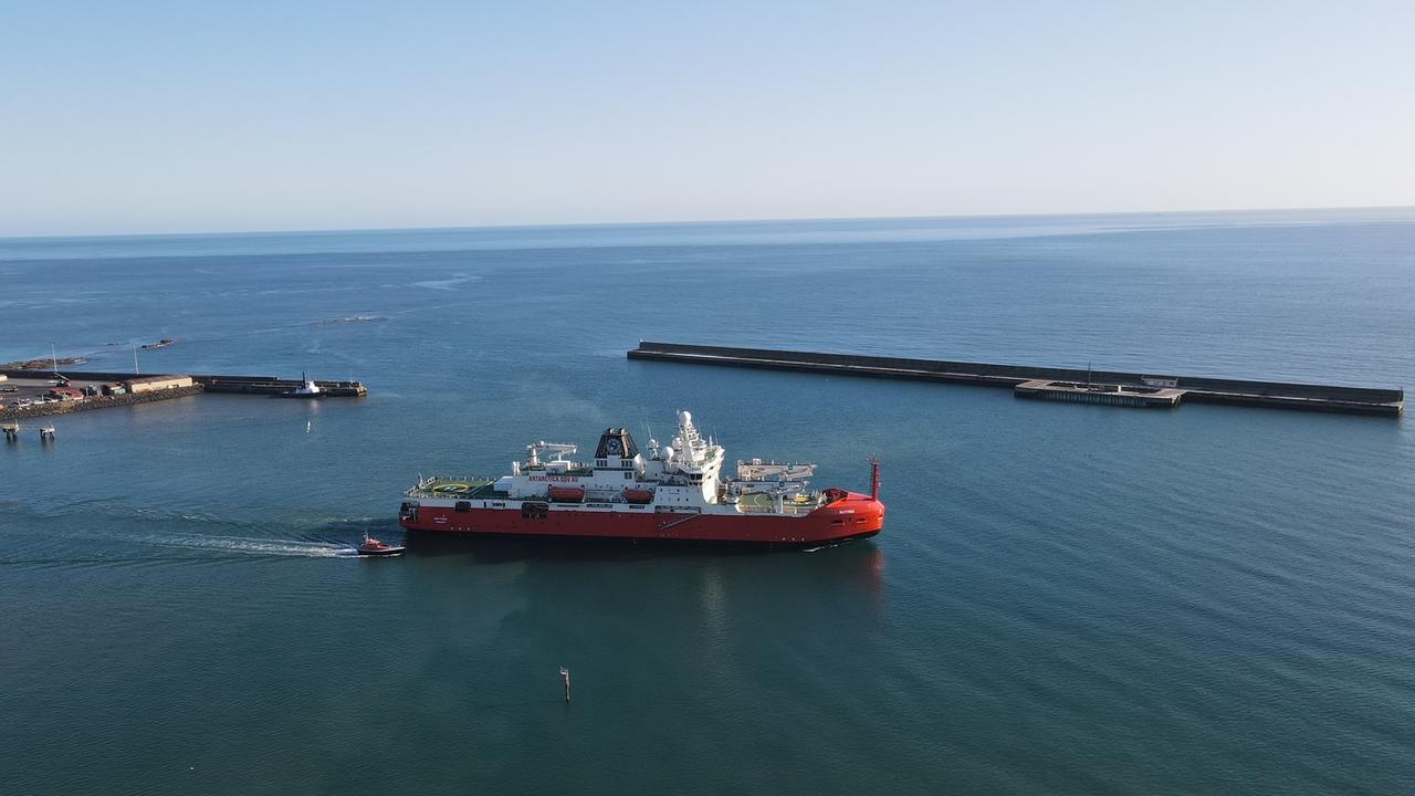 The RSV Nuyina leaves the port of Burnie after refulling, bound for Antarctica. Picture: Shayne Andrews