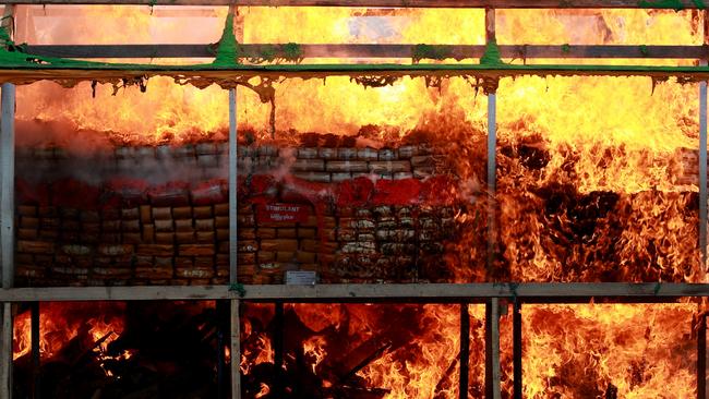 Seized drugs are burnt in Yangon, Myanmar. Picture: Getty