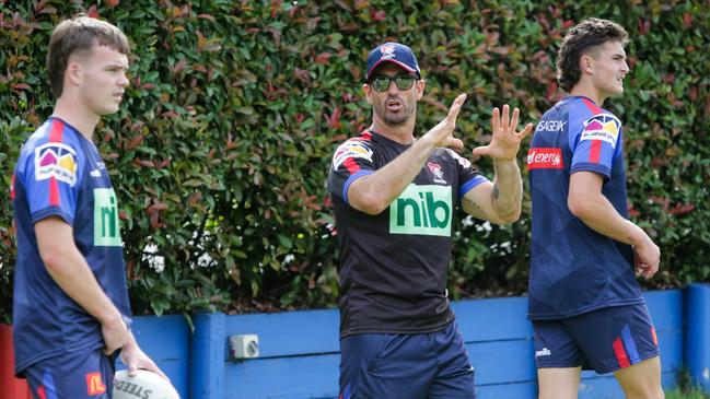 Newcastle Knights juniors being coached by Andrew Johns. Picture: Liam Driver