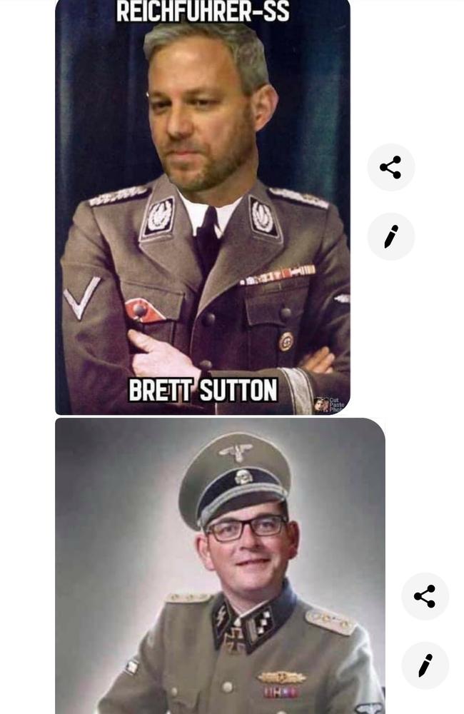 Vile mocked-up images of Victoria’s chief health officer Brett Sutton and Premier Daniel Andrew as Nazi officers have been doing the rounds online.