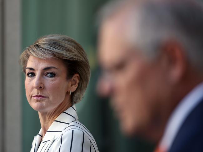 BESTSHOT CANBERRA, AUSTRALIA - NewsWire Photos APRIL, 08, 2021:  Prime Minister Scott Morrison during a press conference with Senator Michaelia Cash, Attorney-General at Parliament House in Canberra.Picture: NCA NewsWire/Gary Ramage