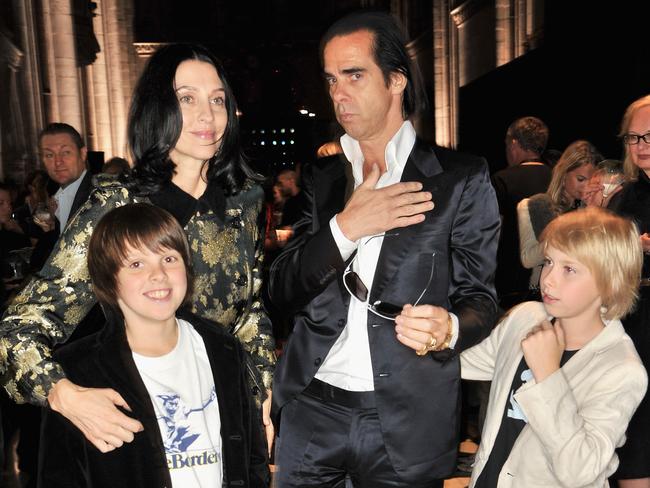 Susie Bick and Nick Cave with their children Earl and Arthur in London in happier times. Picture: Nick Harvey/WireImage