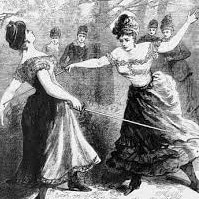 Lady Almeria Braddock and Mrs Elphinstone finished the duel with swords. Picture: Facebook