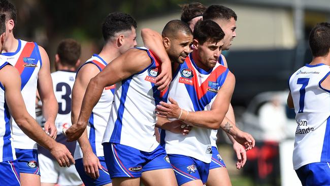 West Preston-Lakeside players congratulate Ahmed Saad on a goal. Picture: Steve Tanner